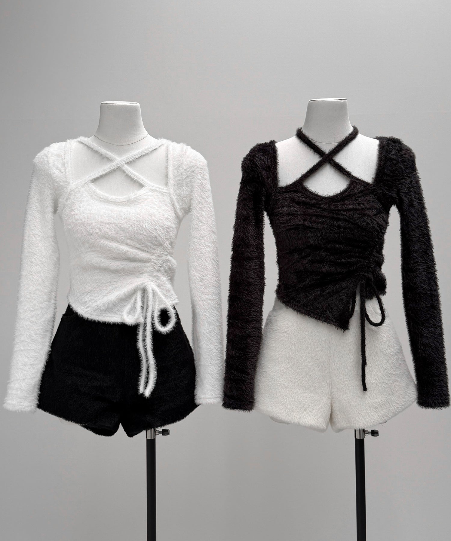 【 ３color 】クロスネックシャーリングリボンシャギートップス ／ cross neck shirring ribbon shaggy tops