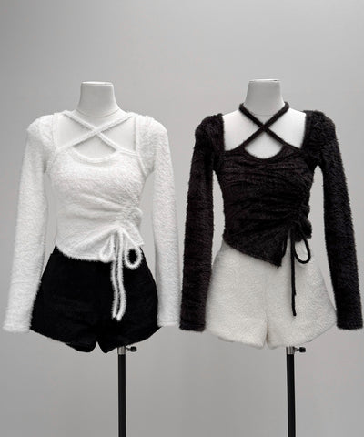 【 ３color 】クロスネックシャーリングリボンシャギートップス ／ cross neck shirring ribbon shaggy tops