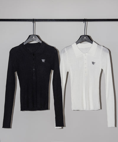 ワンポイント刺繍ポロカラースリムシアーリブニット ／ One-point embroidery polo collar slim sheer rib knit