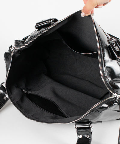 【 限定先行販売 】ハートクリアポケットスタッズフェイクレザートートバッグ ／ heart clear pocket studs fake leather tote bag