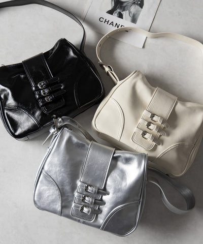 【 ３color 】ベルテッドフェイクレザーショルダーバッグ ／ belted fake leather shoulder bag