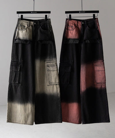 【 ２color ／４size 】ブロッキングバイカラーオーバーダイワイドデニム ／ blocking bicolor overdye wide denim