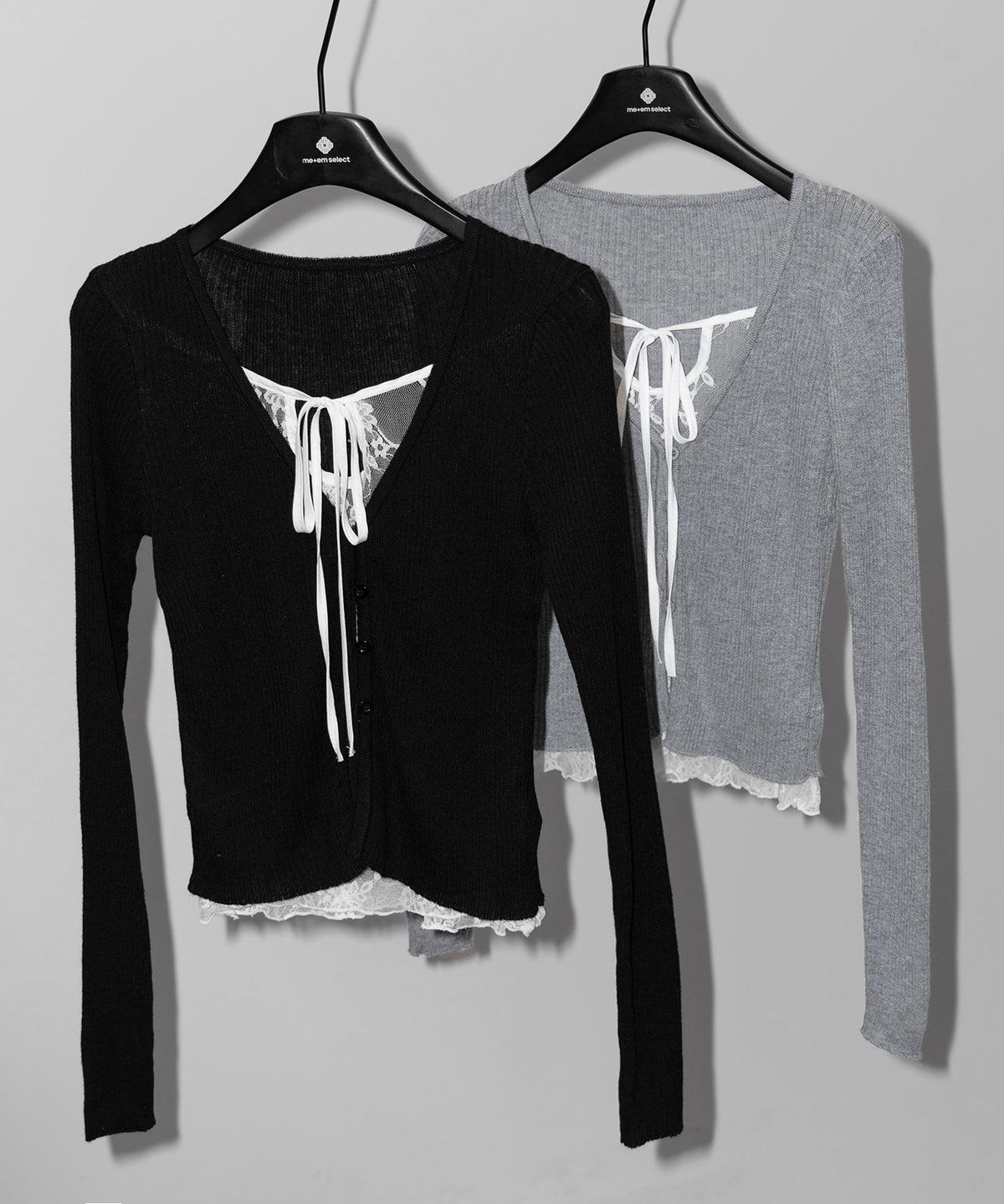 フロントリボンレースレイヤードリブニットカーディガン ／ front ribbon lace layered lib knit cardigan