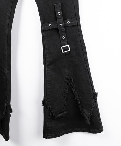 クロスデザインヴィンテージライクフリンジストレッチフレアデニム ／ cross design vintage-like fringe stretch flare denim