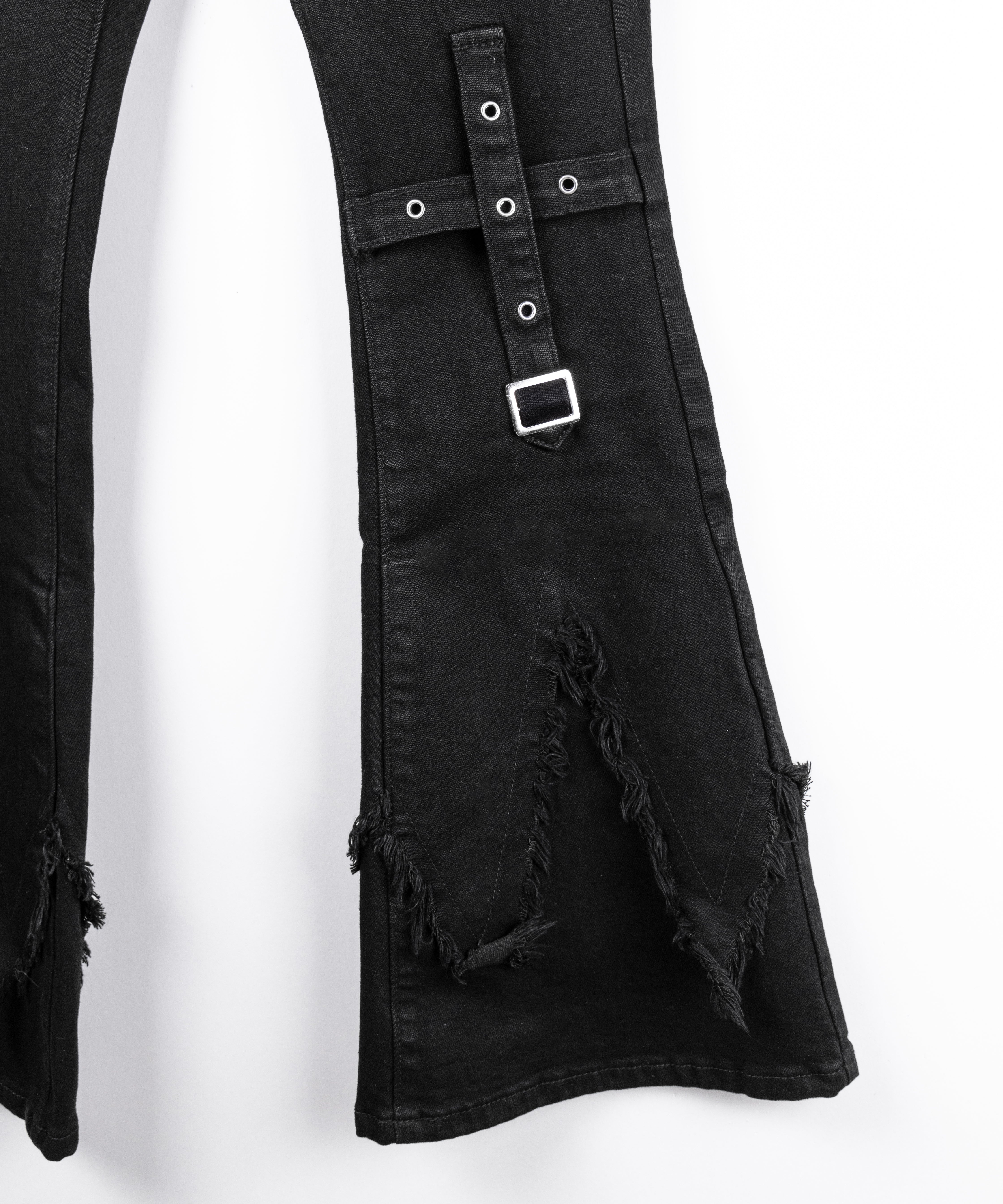 クロスデザインヴィンテージライクフリンジストレッチフレアデニム ／ cross design vintage-like fringe stretch flare denim