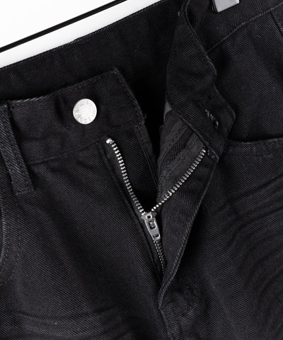 レタリングロゴ刺繍ハイウエストワイドブラックデニム ／ lettering logo embroidery high waist wide black denim