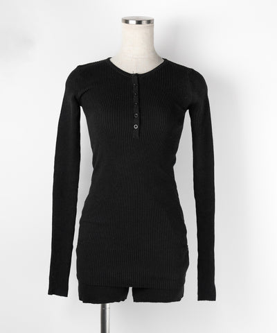 【 セットアップ 】ヘンリーネックスリムリブニットトップス＆ニットショートパンツ SET ／ henley neck slim rib knit tops ＆ knit short pants SET