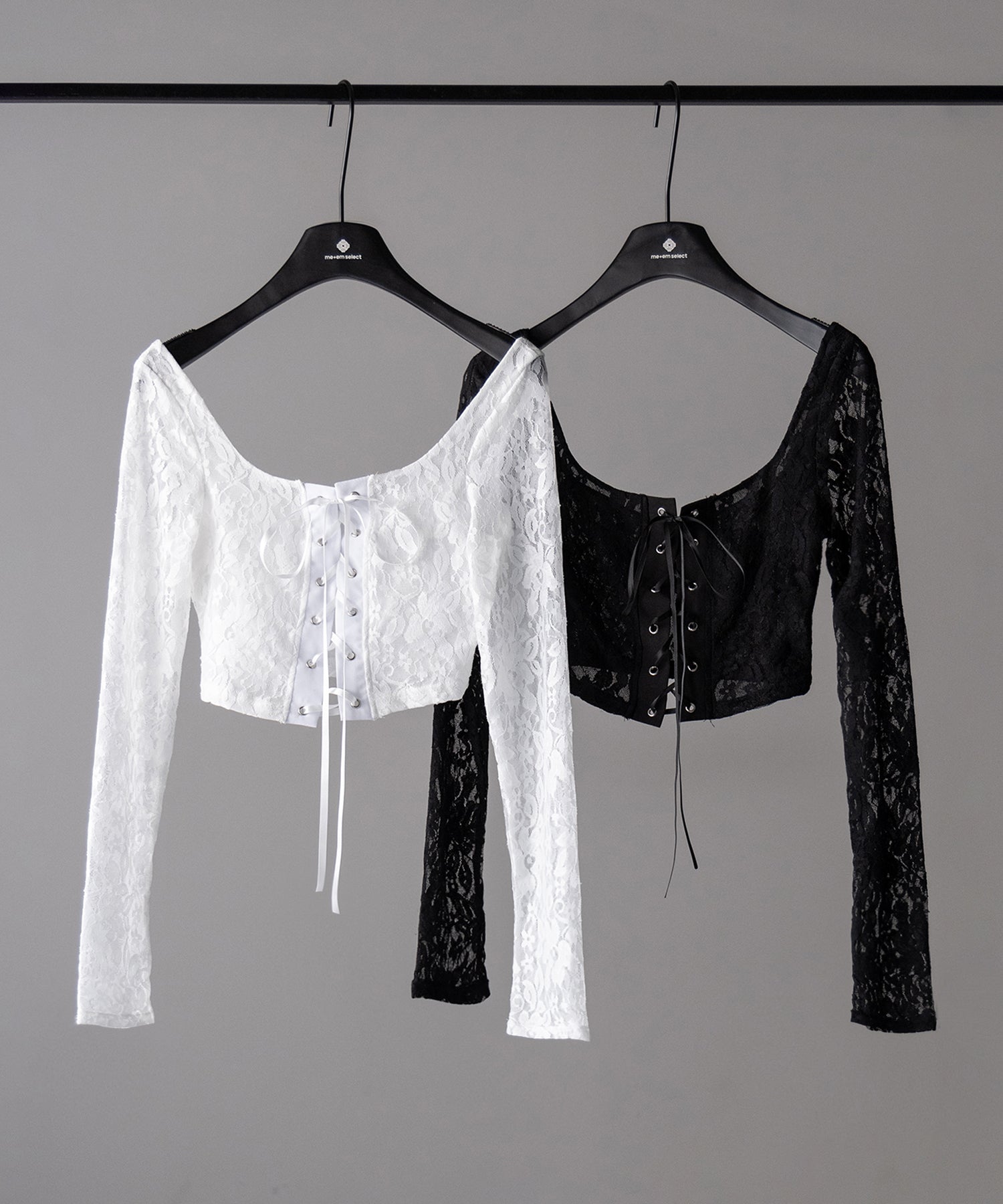 【 ２color 】レースアップコルセットリボンショートレーストップス ／ laceup corset ribbon short lace tops