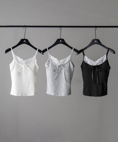 【 ３color ／ カップ付き 】フロントリボンレースドッキングキャミソール ／front ribbon lace docking camisole