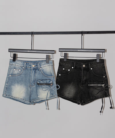 リボンストリングカーゴポケットデニムショートパンツ／ribbon string cargo pocket denim short pants