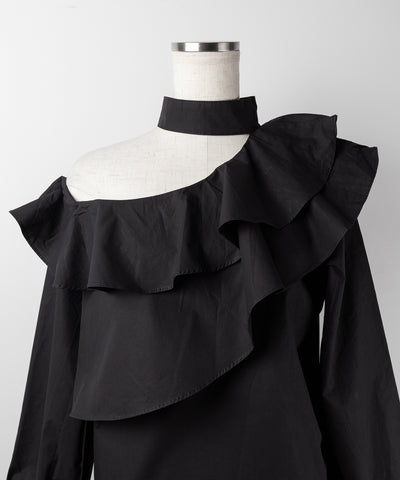【 ２color 】チョーカーフリルワンショルダーブラウス ／ choker frill one shoulder blouse