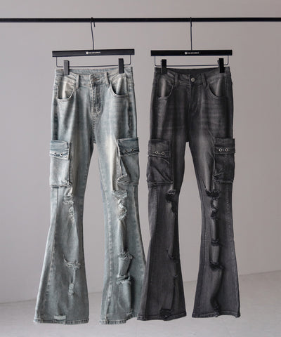 カーゴデザインヴィンテージライクダメージストレッチフレアデニム ／ cargo design vintage-like damage stretch flare denim