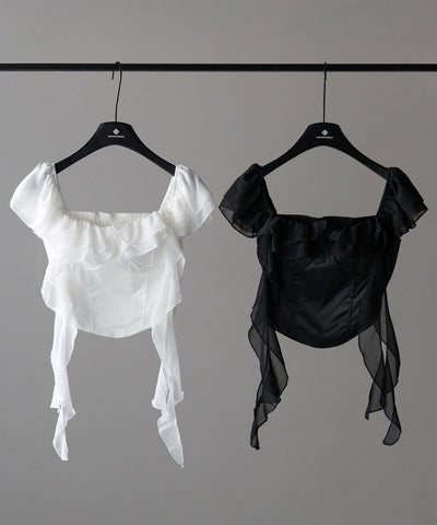 【 ２color ／ ２WAY 】シアーフリルコルセットサテンショートブラウス ／ sheer frill corset satin short blouse