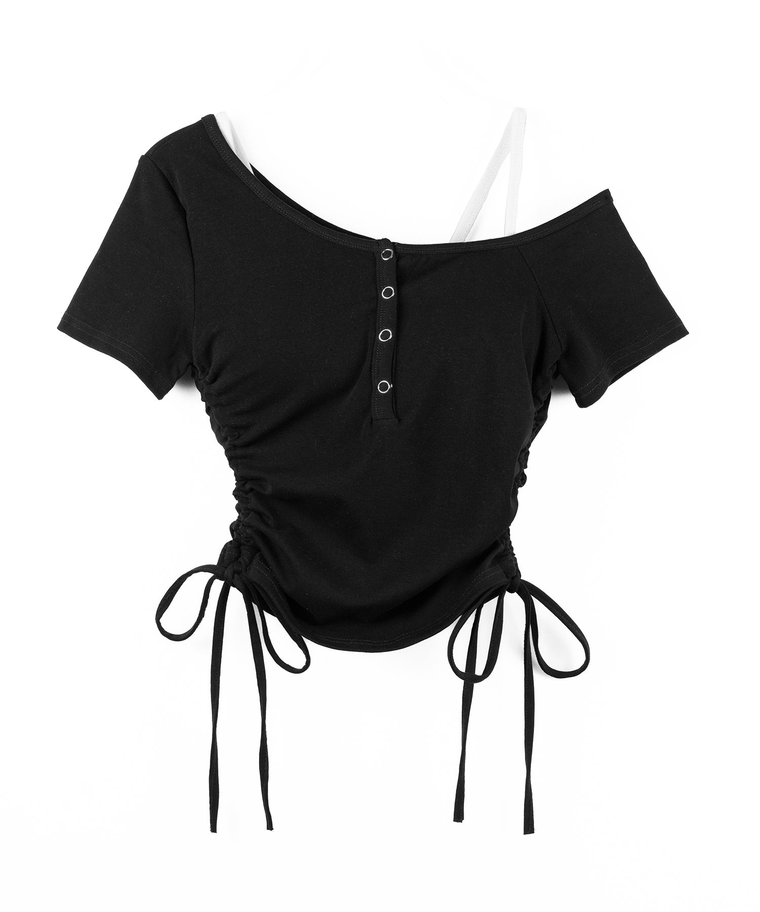 【 ２点セット 】ヘンリーネックサイドリボン半袖ぴちＴシャツ ／ Henley neck side ribbon short-sleeve pichi T-shirt