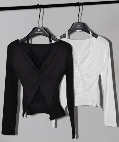 レースレイヤードクロスデザイン長袖Ｔシャツ ／Lace-layered cross design long-sleeved T-shirt