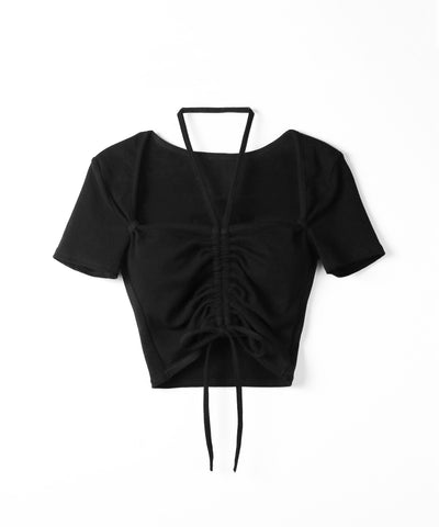 【クロスネックにできる2WAY 】フロントシャーリングリボン半袖ショートＴシャツ ／2WAY front shirring ribbon short sleeve short T-shirt