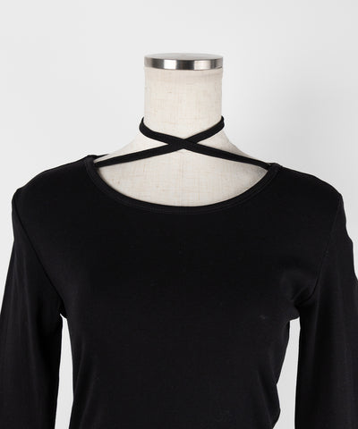 【 ３color 】クロスチョーカーアシンメトリーラッフルフリルトップス ／ cross choker asymmetry ruffle frill tops
