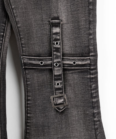 【 ２color ／ ４size 】クロスデザインヴィンテージライクフリンジストレッチフレアデニム ／ cross design vintage-like fringe stretch flare denim