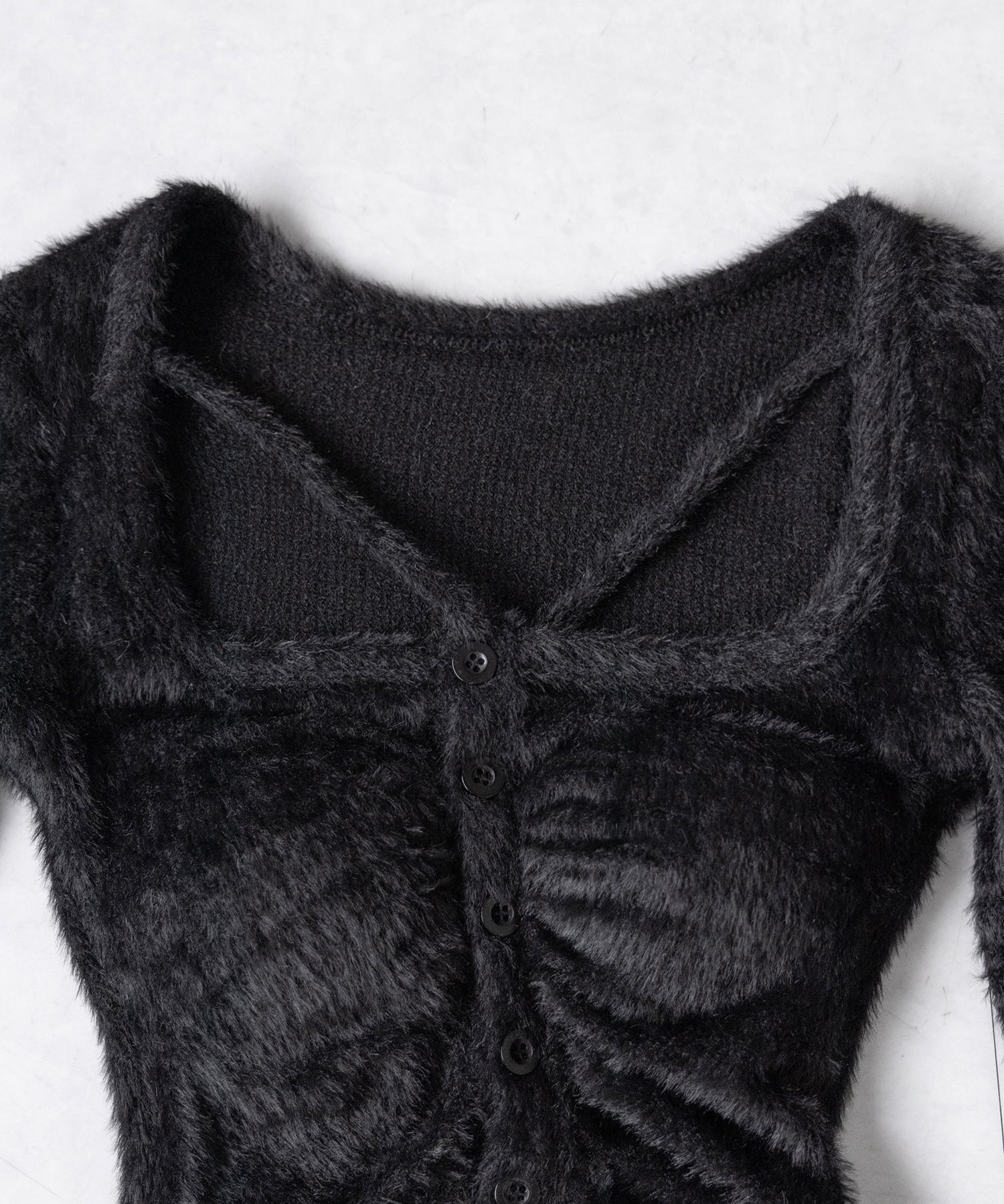 クロスストラップスクエアショートシャギーカーディガン ／ cross strap square short shaggy cardigan