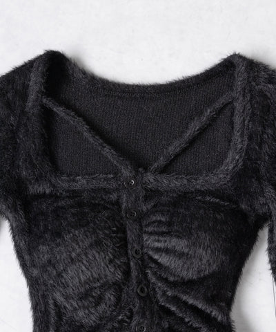 クロスストラップスクエアショートシャギーカーディガン ／ cross strap square short shaggy cardigan