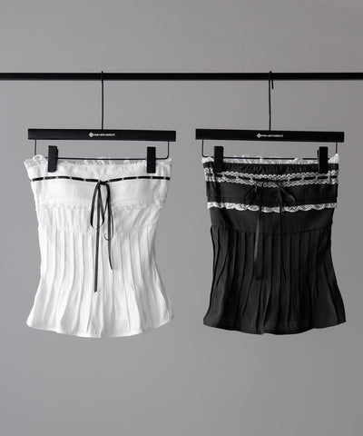 【 ２color 】フロントリボンレースフレアベアトップ ／ front ribbon lace flare bare top