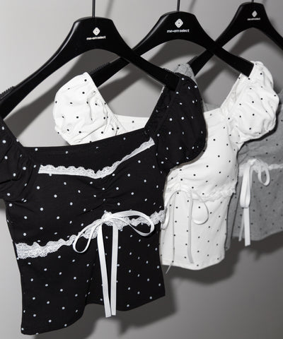 ドットレースリボンギャザーオフショルトップス ／ dot lace ribbon gathered off shoulder tops