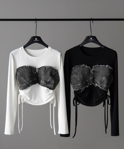 【 ２color 】サイドリボンダメージデニムドッキングＴシャツ ／ side ribbon damage denim docking Tee