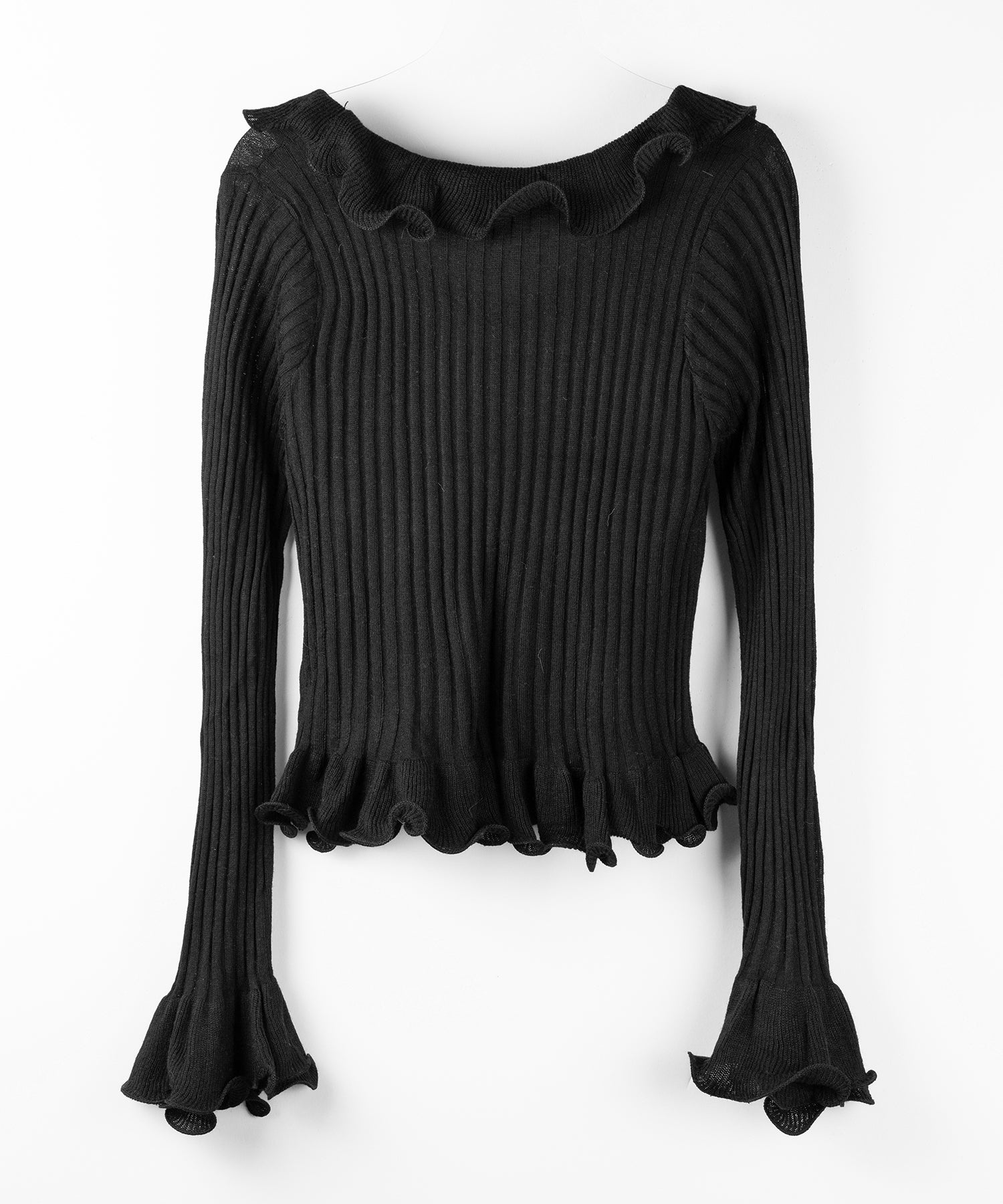 シアーフリル長袖リブニットカーディガン ／ sheer frill long-sleeve ribbed knit cardigan