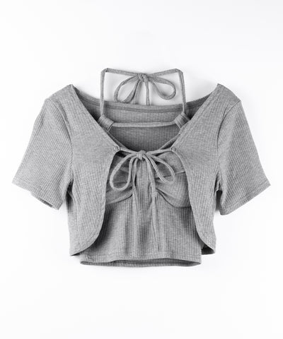 【 ２点セット 】 ２WAYストラップリブキャミソール ＋ フロントリボンショートカーディガン SET ／ 2WAY strap lib camisole + front ribbon short cardigan