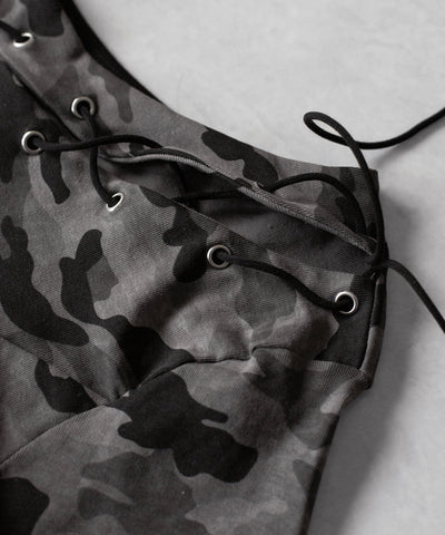 ヴィンテージカモフラカットアウトレースアップワンショルＴシャツ　／ Vintage camouflage cutout laceup one shoulder T-shirt