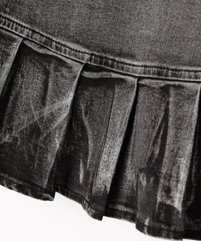 【 インパン裏地付 】ダブルベルトヴィンテージデニムプリーツミニスカート ／ double belt vintage denim pleats mini skirt