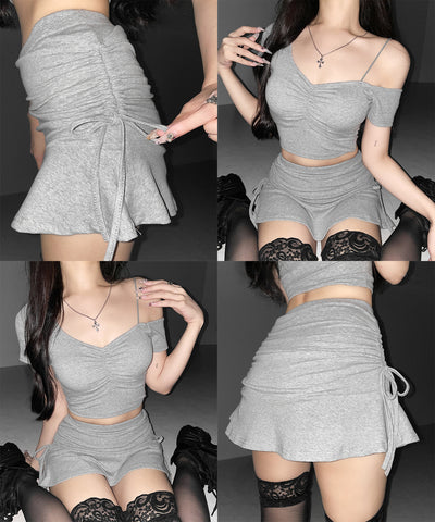 ワンショルギャザートップス ＋ シャーリングリボンスカート SETUP ／ ( SETUP ) one shoulder gather tops + shirring ribbon skirt SET