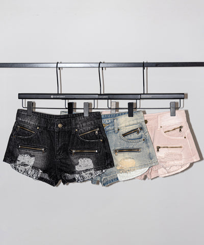 レースポケットダメージデニムマイクロショートパンツ／ lace pocket damage denim micro short pants