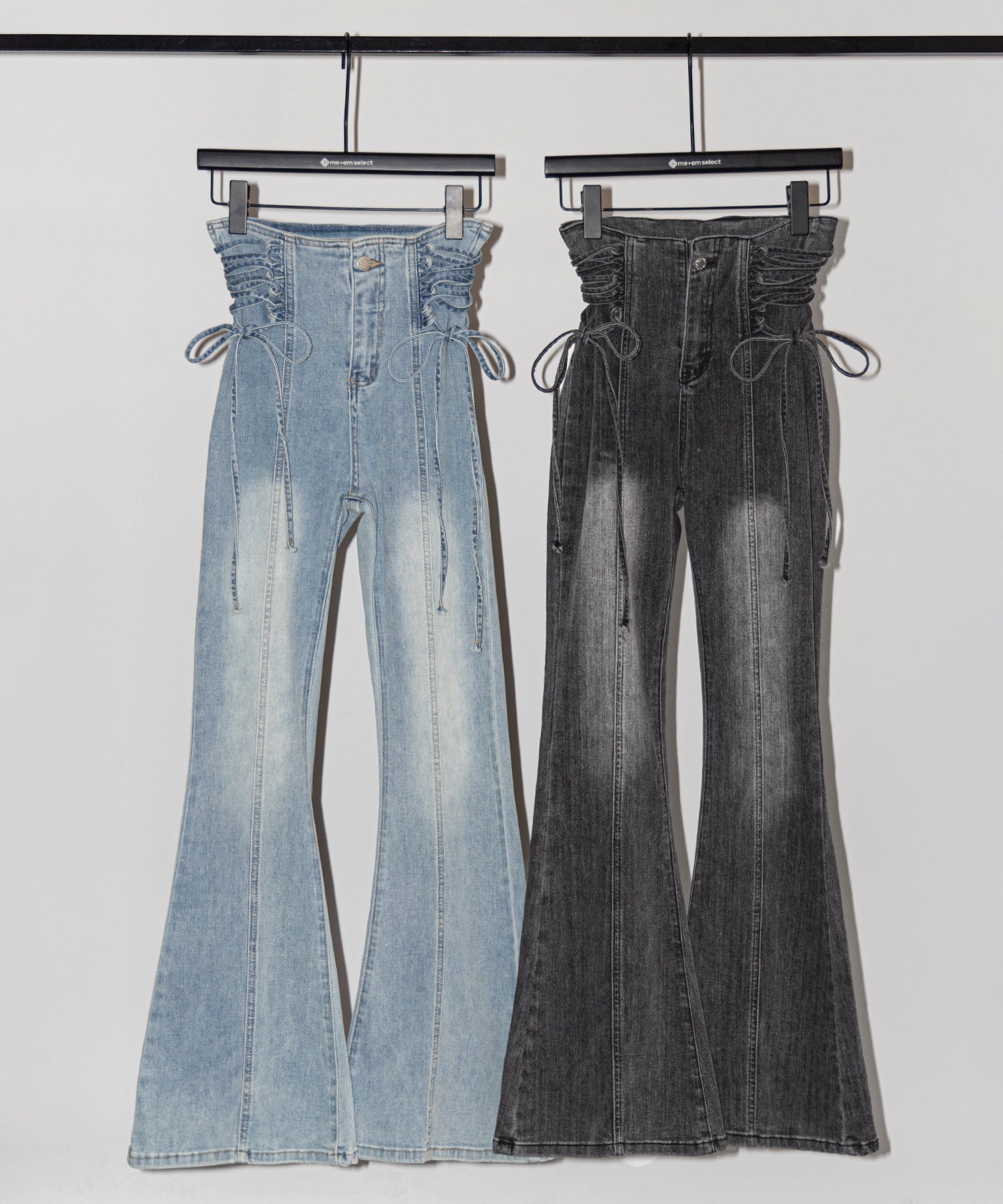 サイドレースアップリボン美脚ストレッチフレアデニム ／ side laceup ribbon slim leg stretch flare denim