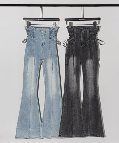 サイドレースアップリボン美脚ストレッチフレアデニム ／ side laceup ribbon slim leg stretch flare denim