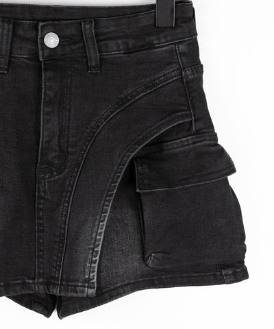カーゴポケットレイヤードデニムミニスカパン ／ cargo pocket layered denim mini skirt pants