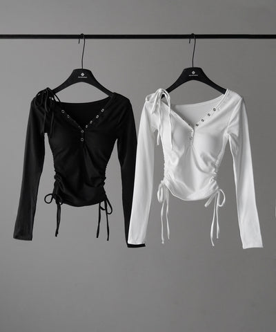 【 ２WAY ／ 裏起毛 】ナナメストラップスナップボタンシャーリングリボントップス ／ naname strap snap button shirring ribbon tops
