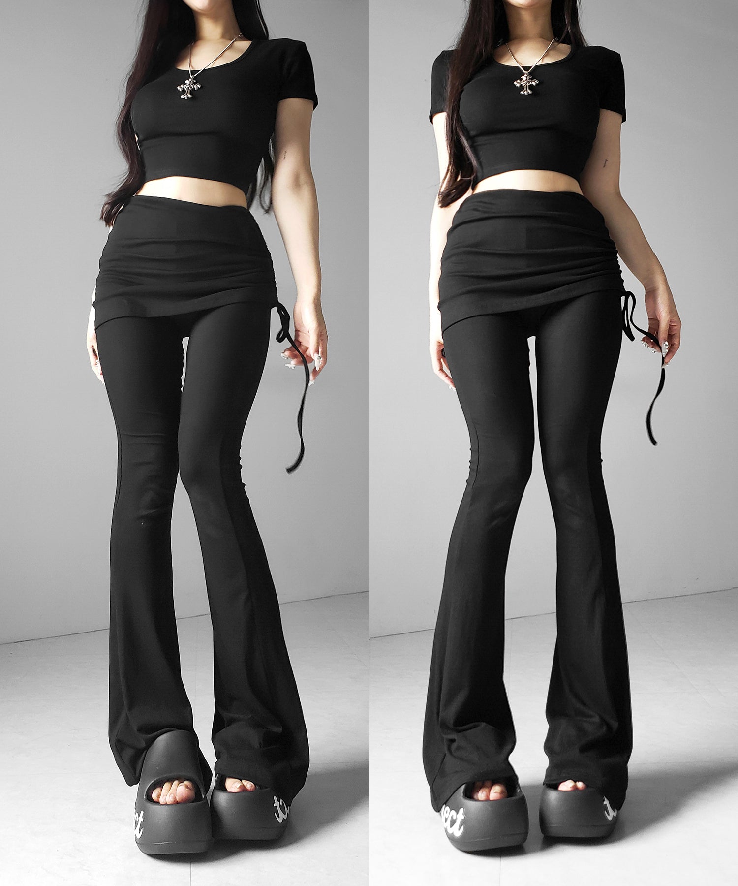 【 ワンホンセットアップ 】スクエアショートＴシャツ＋サイドシャーリングフレアパンツ ＳＥＴ ／ 【 SETUP 】square neck short T-shirts + side shirring flare pants