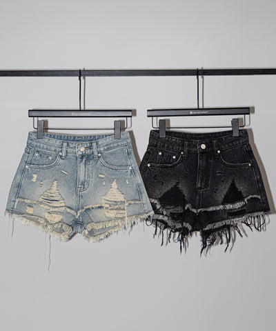 クラッシュダメージダブルフリンジデニムショートパンツ／crash damage double fringe denim short pants