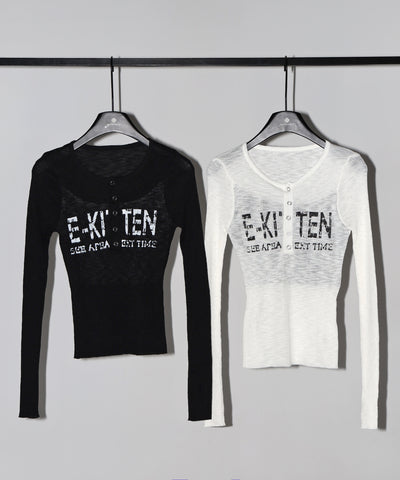 ヘンリーネックフェイクレイヤードロゴ長袖シアーニットトップス ／ henly neck fake layered logo longsleeve sheer rib knit tops