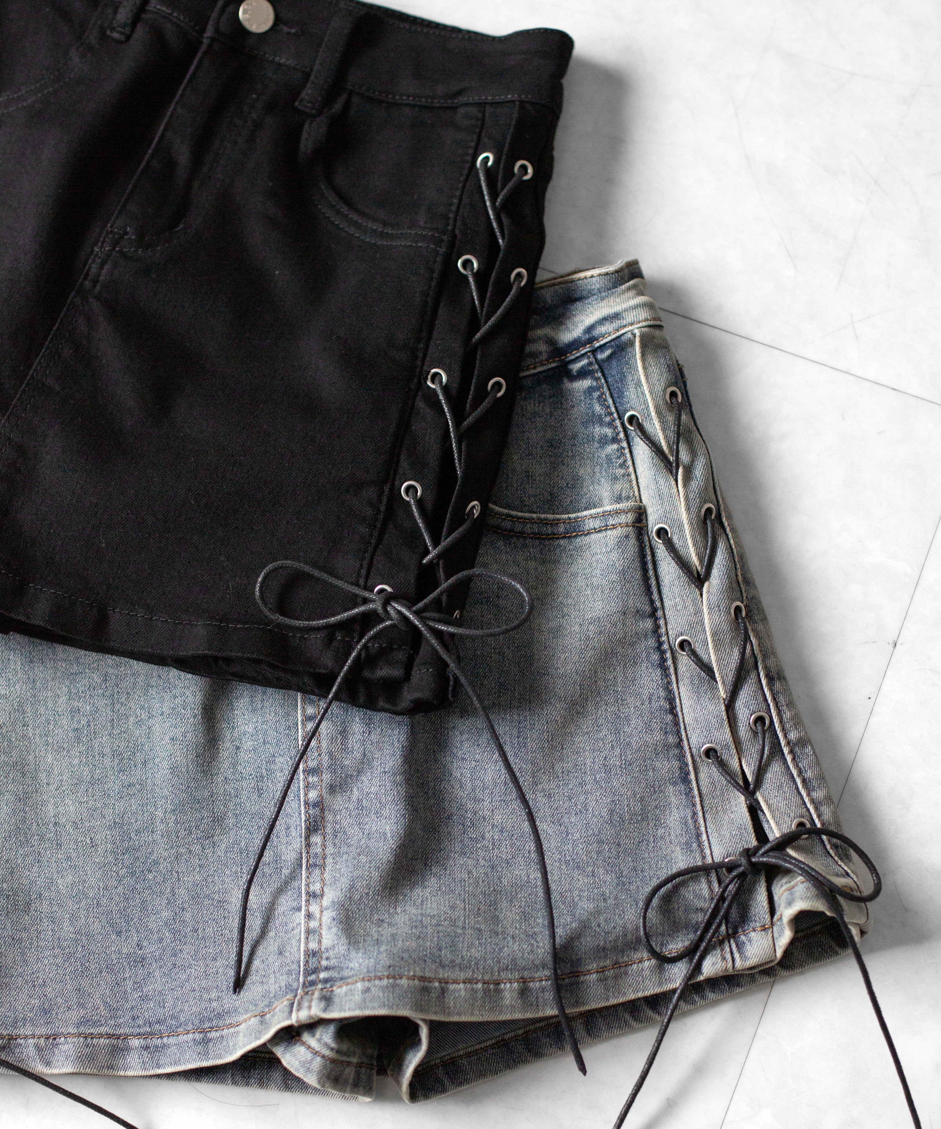レースアップストレッチデニムミニスカパン ／ lace up stretch denim mini skirt pants