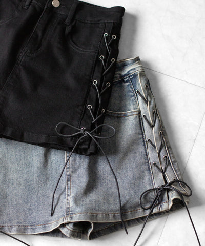 レースアップストレッチデニムミニスカパン ／ lace up stretch denim mini skirt pants