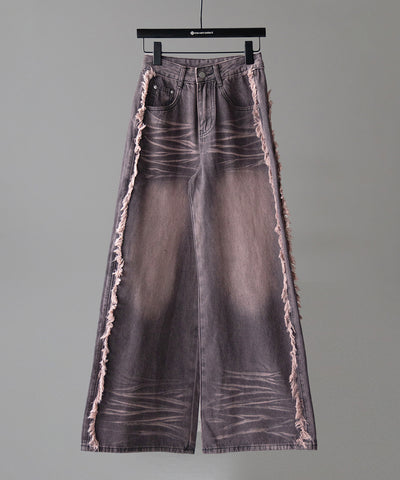 【 ３SIZE 】ヴィンテージピンクウォッシュダメージワイドデニム ／ vintage pink wash damage wide denim