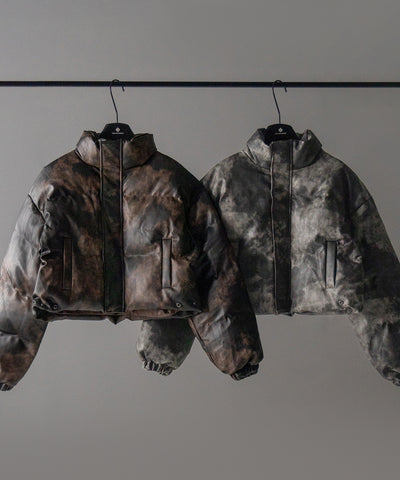 【 ２color 】ヴィンテージタイダイフェイクレザーショートダウンジャケット ／ vintage tyedye fake leather short down jacket