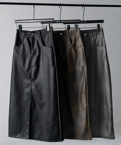 【 ３color ／ ３size 】フロントスリットヴィンテージフェイクレザースカート