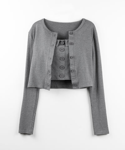 【 2点セット 】フロントボタンベアトップ ＋ クロップドカットソーカーディガン SET ／ front button bare top + cropped cutsaw cardigan SET