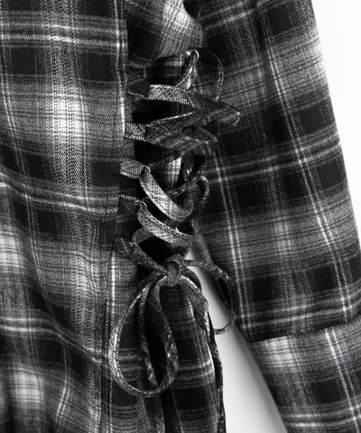 レースアップリボンスリムラインチェックネルシャツ ／ lace up ribbon slim line check flannel shirt