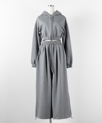 【 セットアップ 】ダブルジップショートパーカー ＋ タックワイドスウェットパンツ SET ／ double zip short hoodie + tuck wide sweat pants SET