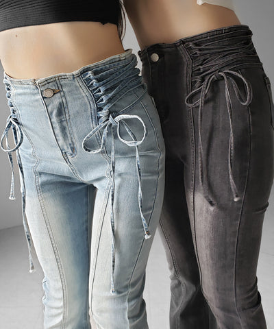 サイドレースアップリボン美脚ストレッチフレアデニム ／ side laceup ribbon slim leg stretch flare denim