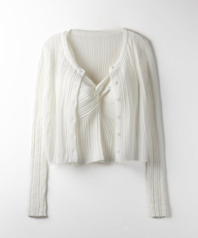 【 2点セット 】ツイストリブニットキャミソール ＋シアーリブショートカーディガン SET ／ twisted rib knit camisole + sheer rib short cardigan SET